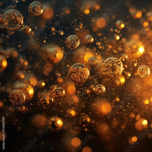 Golden Spheres Floating in Dark Space - Abstract Bubbles with Warm Light.