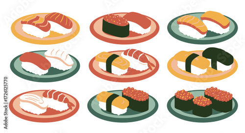 Vibrant vector illustrations showcase a diverse collection of delicious sushi and nigiri dishes, perfect for culinary themes.