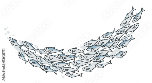 A large school of cartoonish fish swims together in a graceful curved formation, depicted as a hand-drawn vector illustration on a clean white background.