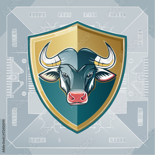 Vector illustration of a powerful bull head inside a shield, a modern emblem symbolizing strength, security, and digital defense