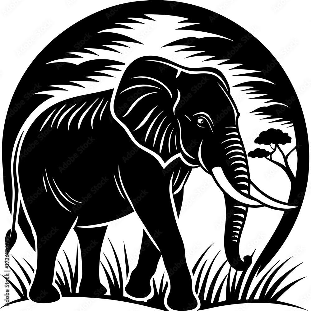 Obraz premium African Elephant Silhouette - Large Detailed Side Profile on White