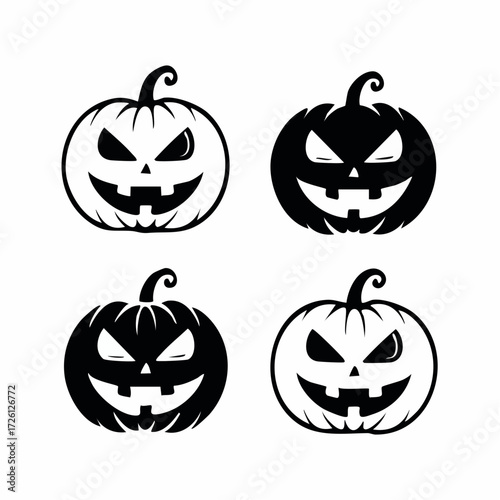 Set of four stylized jack-o'-lanterns, featuring carved faces with glowing eyes and toothy grins, set against a white background for a festive Halloween theme