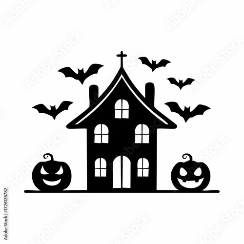 Haunted house silhouette with flying bats and grinning jack-o'-lanterns, capturing the eerie essence of a spooky season celebration, ideal for festive autumn designs