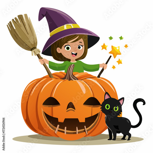 Halloween Witch Illustration with Pumpkin, Cat, Broom, and Magic Wand
