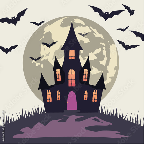 Spooky haunted house illustration on a hill with bats flying in front of a large full moon, perfect for Halloween celebrations and eerie themes