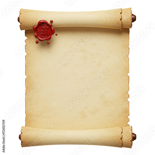 Realistic open parchment scroll with red wax seal isolated isolated on white background	