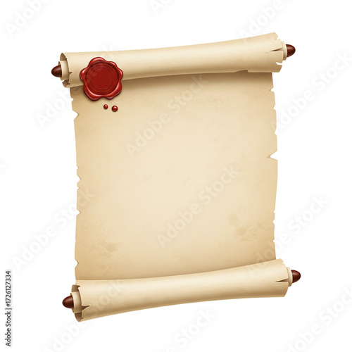 Realistic open parchment scroll with red wax seal isolated isolated on white background	