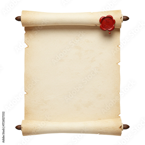 Realistic open parchment scroll with red wax seal isolated isolated on white background	