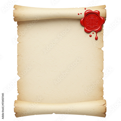 Realistic open parchment scroll with red wax seal isolated isolated on white background	