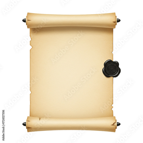 Realistic open parchment scroll with black wax seal isolated isolated on white background	
