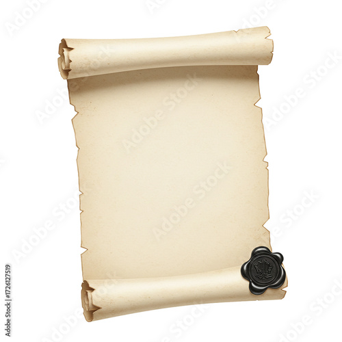 Realistic open parchment scroll with black wax seal isolated isolated on white background	