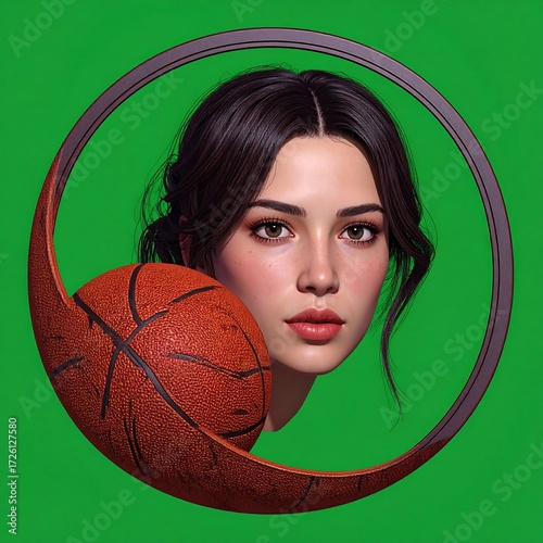A woman's face, partially obscured by a basketball, within a circular frame against a green backdrop