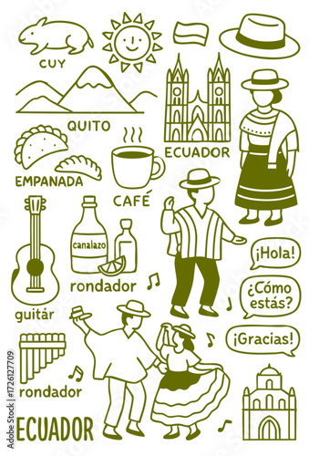 Hand Drawn Ecuador Culture Icon Set – Andes Tradition, Galapagos Wildlife, and Latin Heritage