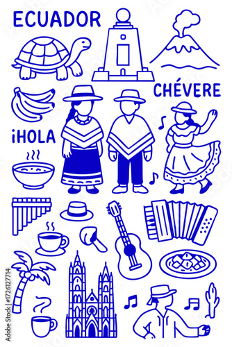 Hand Drawn Ecuador Culture Icon Set – Andes Tradition, Galapagos Wildlife, and Latin Heritage