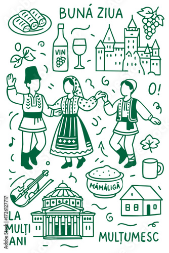 Hand Drawn Romania Culture Icon Set – Folk Dance, Castles, and Traditional Cuisine