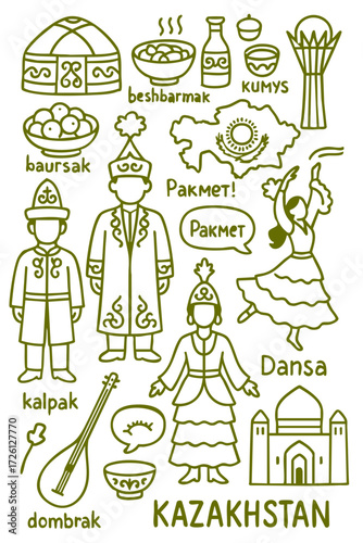 Kazakhstan Culture Illustration Set – Traditional People, Music, Dance, Food, and Symbols