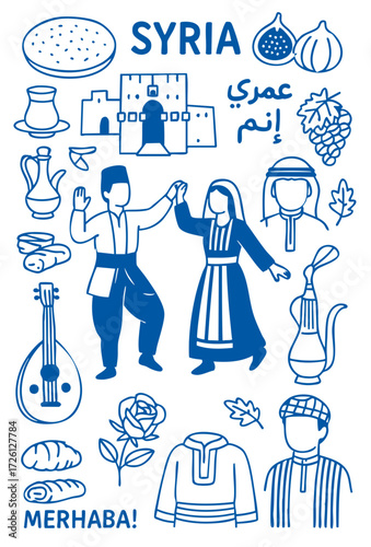 Syria Culture Illustration Set – Traditional People, Music, Dance, Food, and Symbols