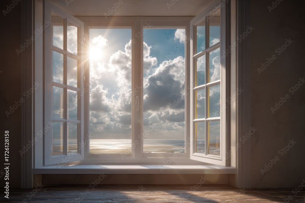 Obraz premium Sun-Drenched Open Window Revealing a Vast, Cloud-Filled Sky and Horizon.