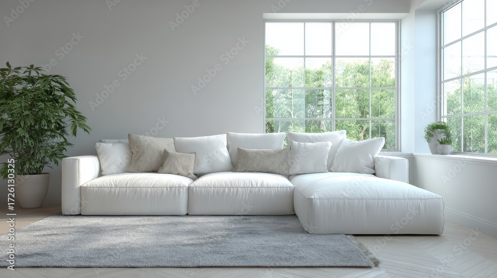 Fototapeta premium Bright Modern Living Room - White Sofa, Large Window, Greenery, Minimalist Design.