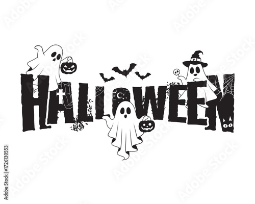 A charming Halloween typographic illustration featuring playful ghosts, spooky bats, and decorative elements perfect for festive holiday designs