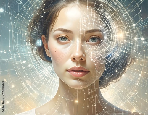 A woman's face, serene and calm, overlaid with a complex network of glowing lines suggesting technological integration or data visualization