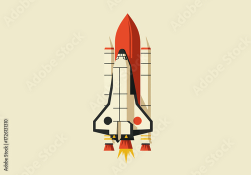 A colorblocked rocket with a red top and orange flames against a light yellow background