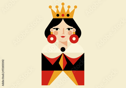 A geometric stylized queen figure with a crown large earrings and a cloak rendered in red black and gold