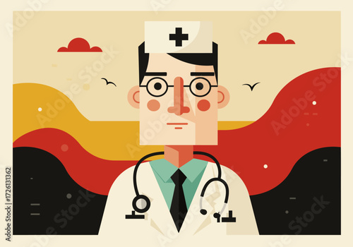 A geometricstyle doctor stands wearing a white coat and stethoscope against a stylized landscape backdrop