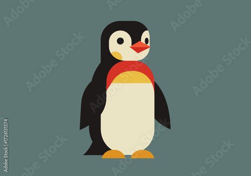 A minimaliststyle cartoon penguin standing upright with a red and yellow collar