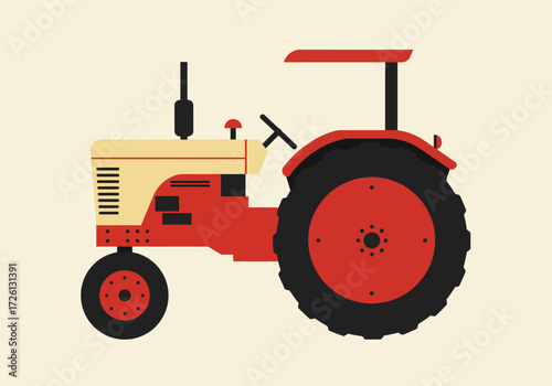 A red and beige tractor with black tires and a canopy against a beige background