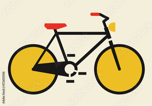 A simplified graphic shows a bicycle with yellow wheels red seat and handlebar grips on a creamcolored background