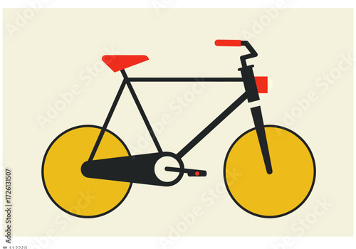 A simplified stylized bike with red seat and handlebars set against a tan background