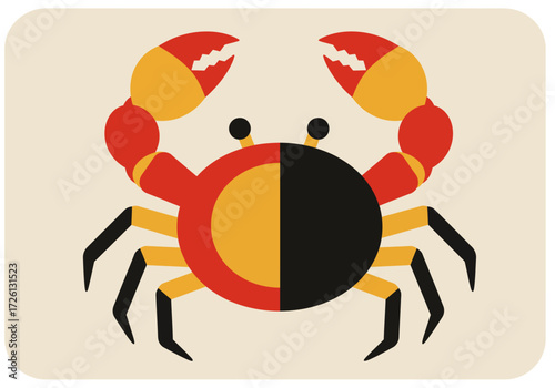 A stylized crab with red yellow and black colors stands against a beige background