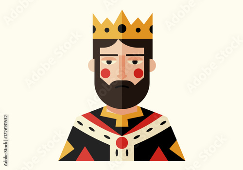 A stylized geometric cartoon of a king with a crown and beard set against a cream background
