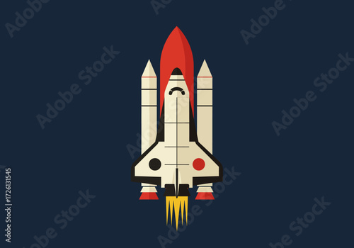 A stylized graphic illustration of a space shuttle against a dark blue background