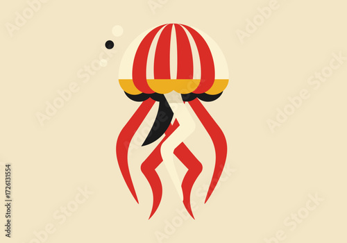 A stylized jellyfish with a red and white striped bell and flowing tentacles on a light beige background