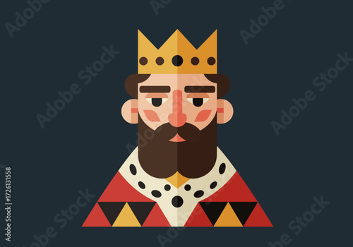 A stylized king portrait with a crown beard and robe against a dark background