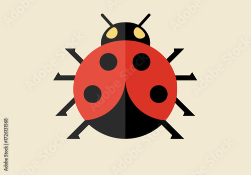 A stylized ladybug with black spots legs and head red wings and yellow eye details
