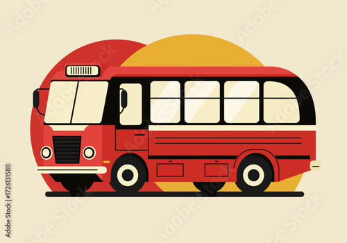 A stylized red bus with cream windows is superimposed on a red circle over a yellow circle set against a tan background
