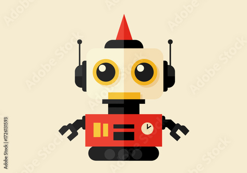 A stylized robot with a red conical hat black accents and a simple cartoonish design