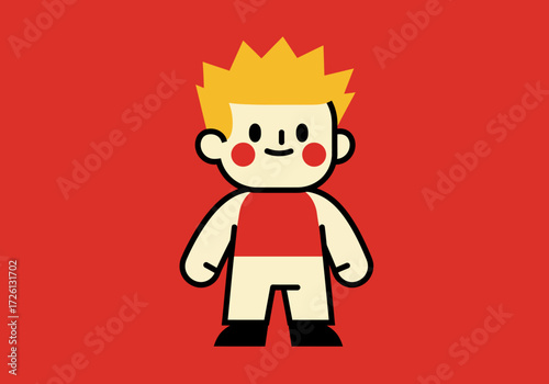 Cartoon character with spiky yellow hair red cheeks and a red top against a red background