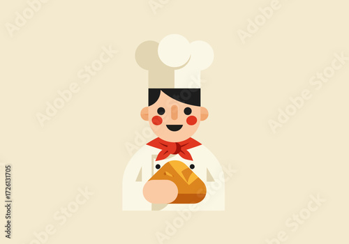 Cartoon chef with toque and red scarf holding bread on a beige background