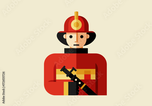 Cartoon firefighter with a red helmet and uniform holding a hose on a cream background