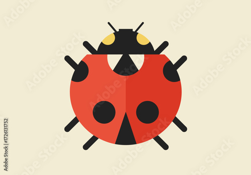 Cartoon ladybug with red body black spots and black head on a cream background