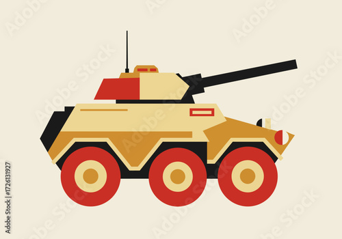 Geometric armored vehicle with red wheels tan body and black gun on a light beige background