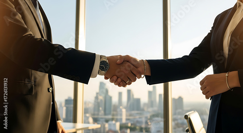 Business Handshake Agreement with Cityscape Background in Modern Office