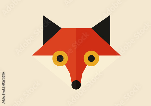Geometric fox face with orange head black ears  circular eyes against a neutral background