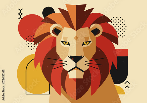Geometric lion illustration with orangered mane sharp angles and abstract background elements
