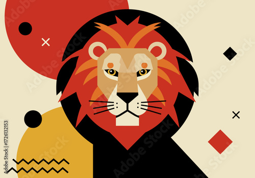 Geometric lion head illustration with red yellow and black shapes on a cream background