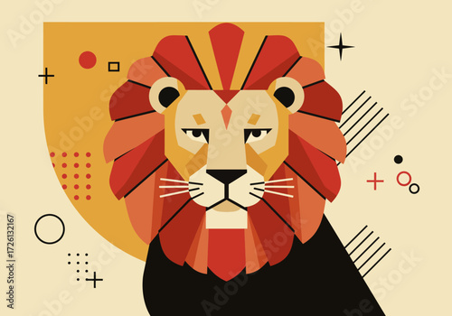 Geometric lion portrait with bold shapes and a stylized mane